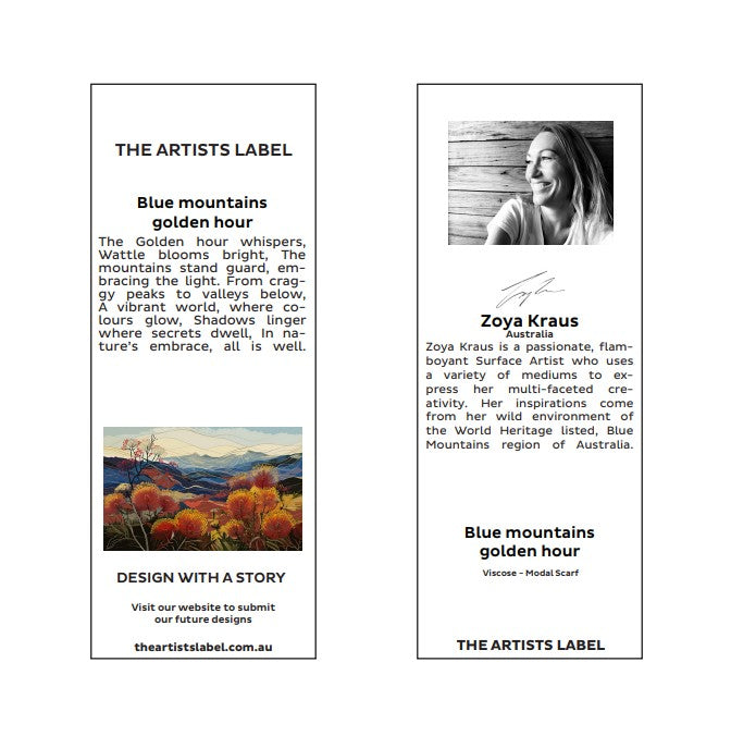 Labels from 'The Artists Label' featuring a scenic landscape and a portrait of Zoya Kraus with text.