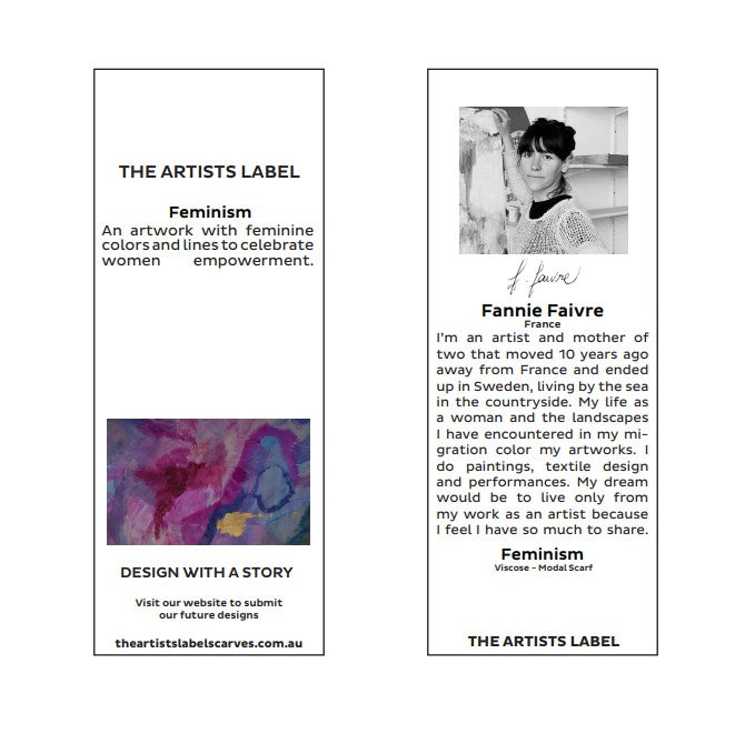 Label for 'The Artists Label' featuring Fannie Faivre artist's profile and artwork.