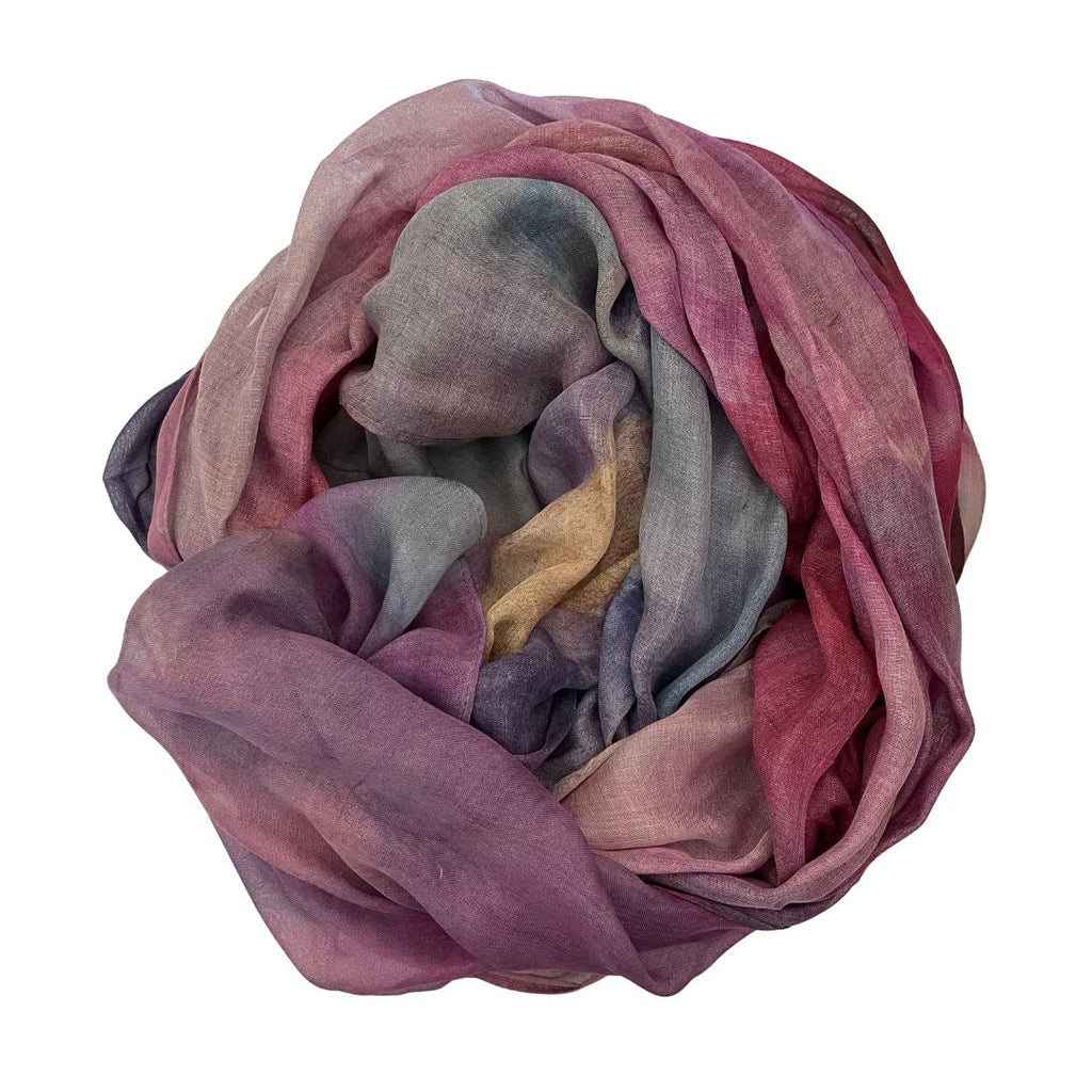 The Artist Label Feminism Multicolored scarf in shades of pink, purple, blue and gray on a white background