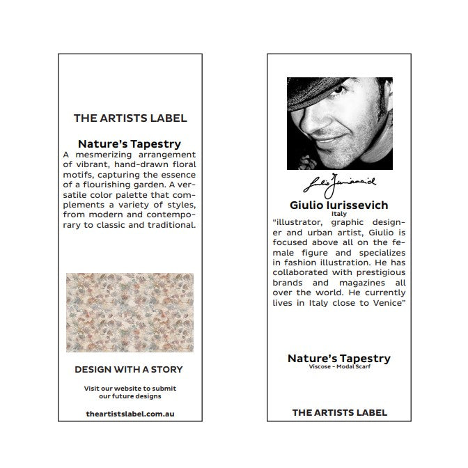 Product description card for 'Nature's Tapestry' by The Artists Label with a photo of the artist and text.
