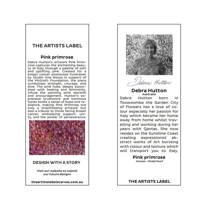 Product description card for 'Pink Primrose' by Debra Hutton with artwork and branding details.