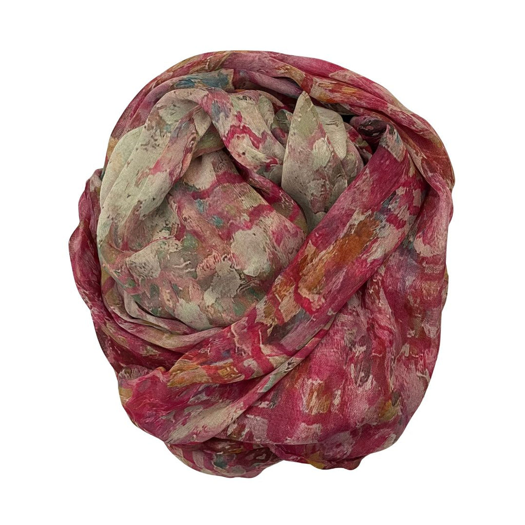 The Artists Label Pink Primrose patterned scarf in pink and beige on a white background
