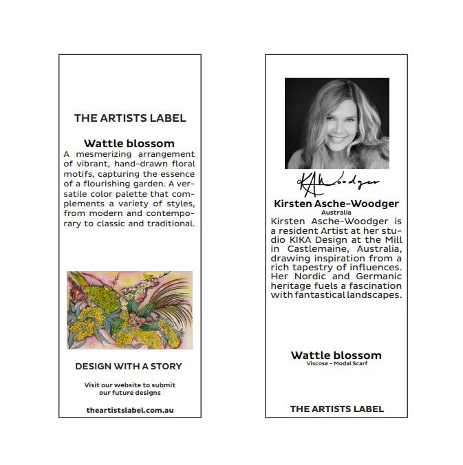 Product label with a portrait of a woman and text about 'Wattle blossom' design by The Artists Label.