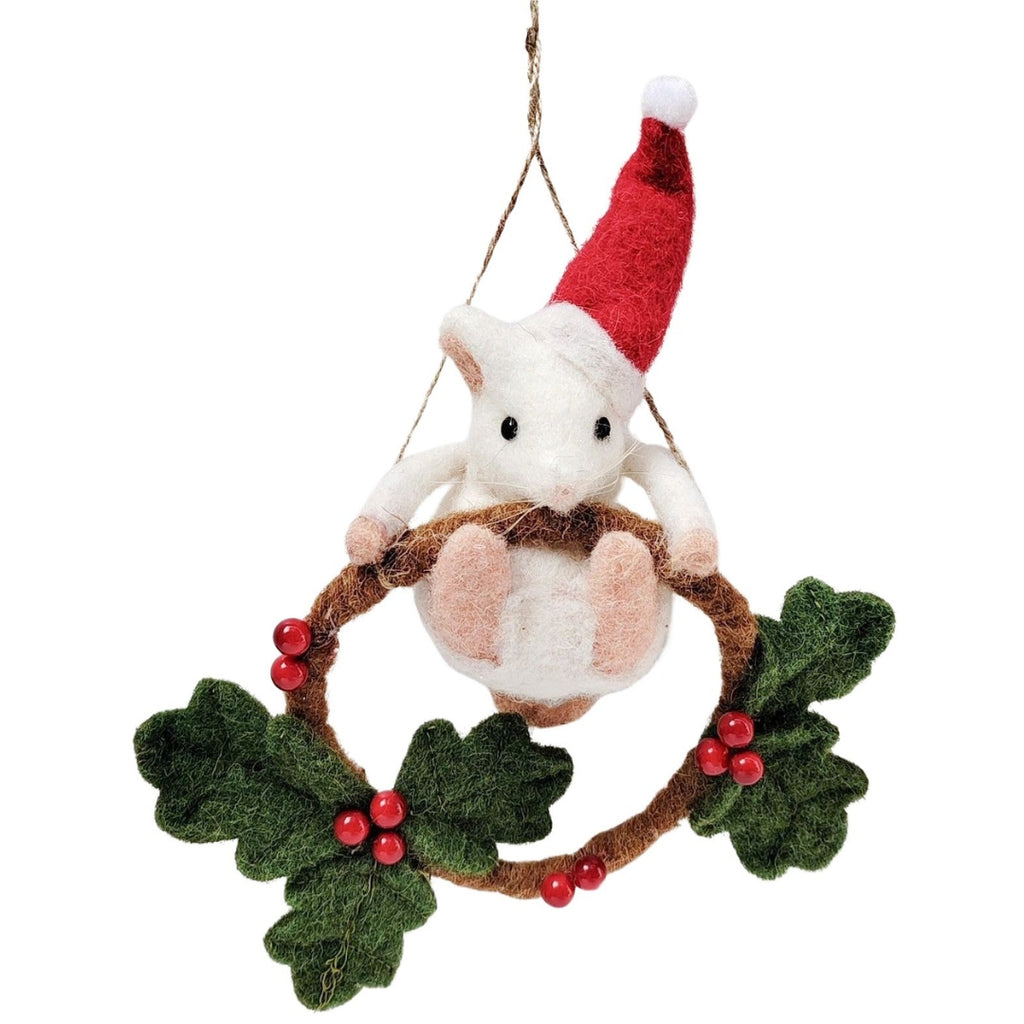 Felt mouse ornament with Santa hat on a holly wreath against a white background