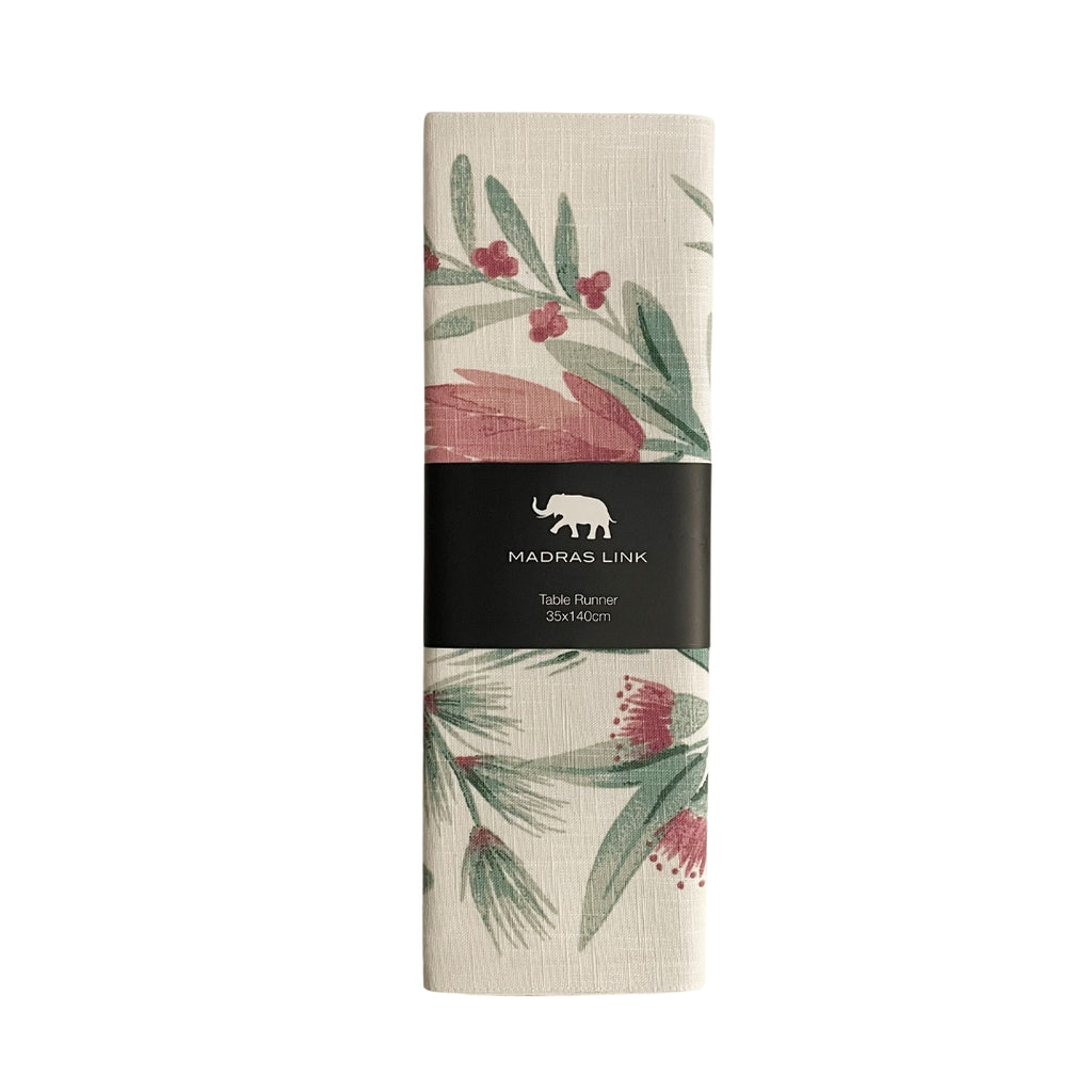 Twig and Feather - Australian Native Floral-patterned table runner with Madras Link branding on a white background