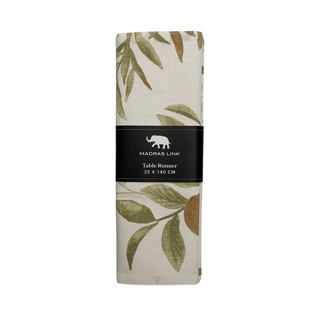 Folded Spring Orchard table runner with leaf pattern and Madras Link branding on a white background