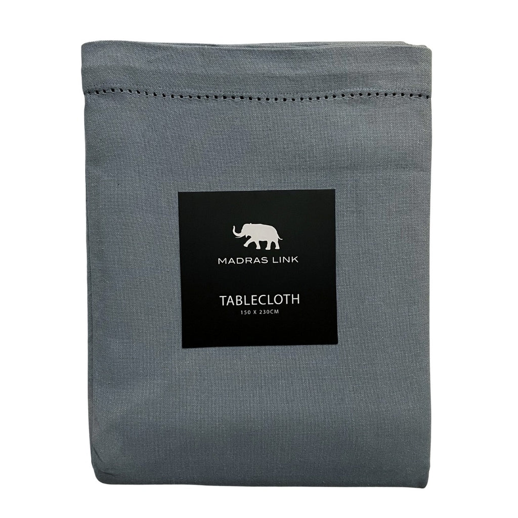 Mineral Blue tablecloth folded with Madras Link label