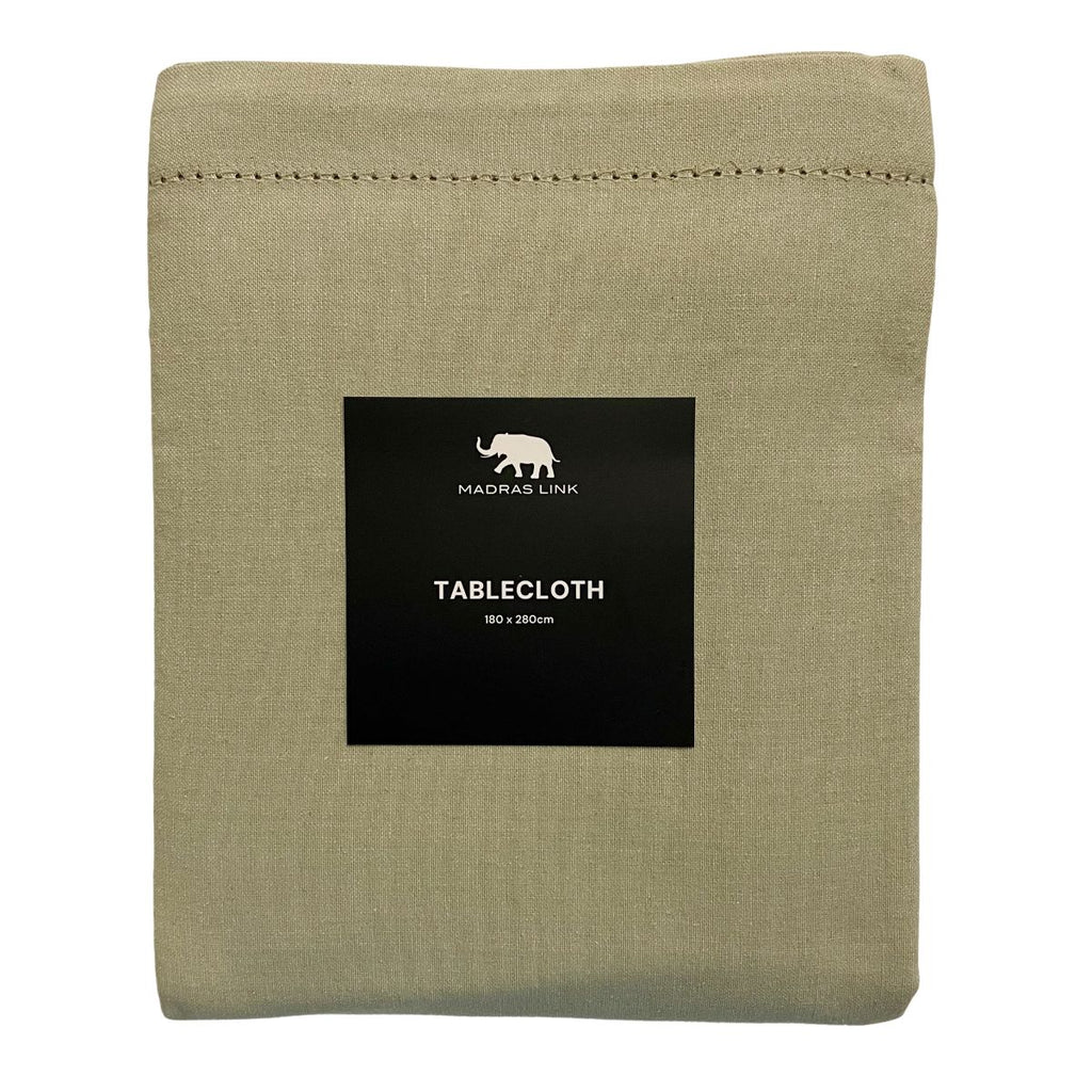 Folded mineral green tablecloth with a black label - size 180x280cm