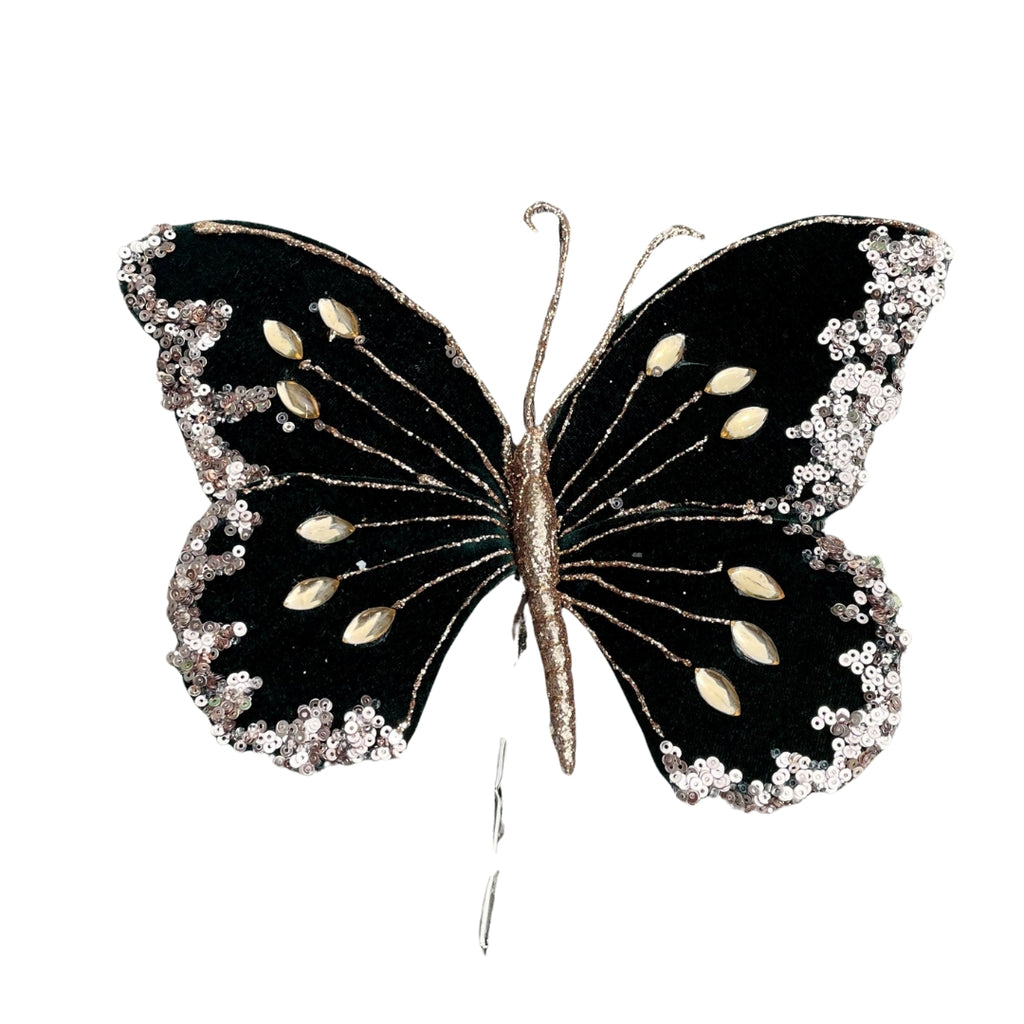 Velvet dark green butterfly with gold details on a white background