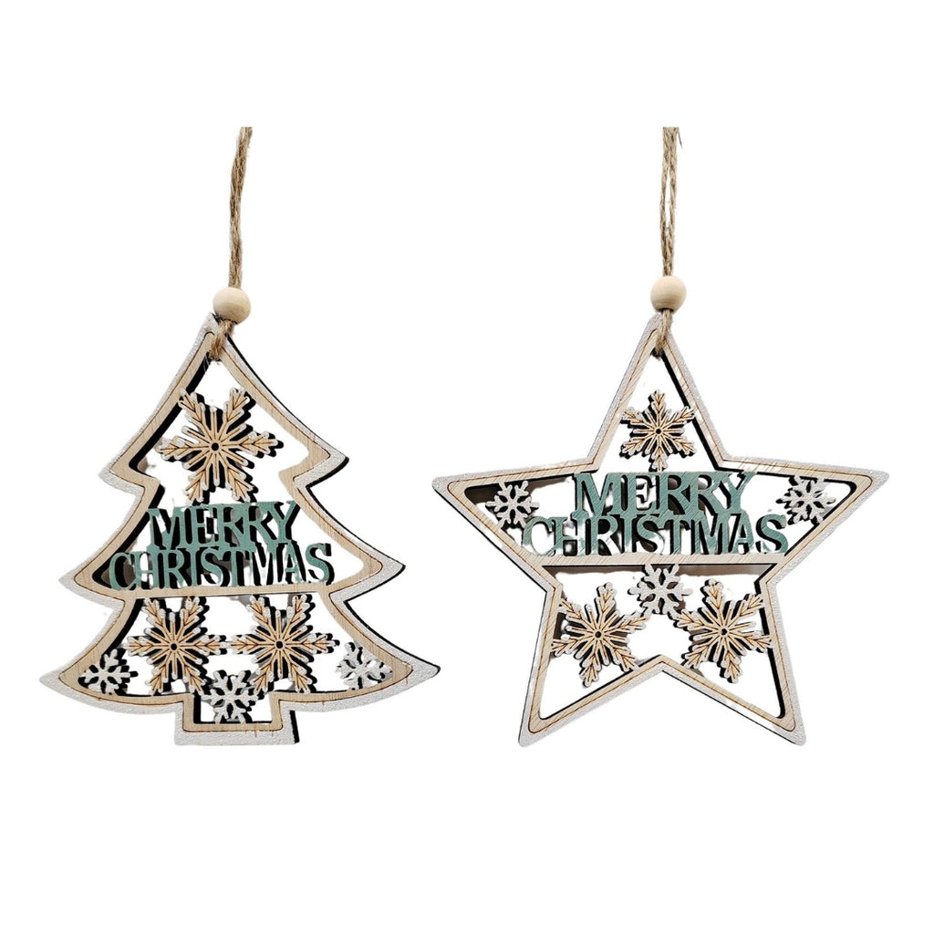 Wooden Christmas tree and star hanging decorations with 'Merry Christmas' text on a white background