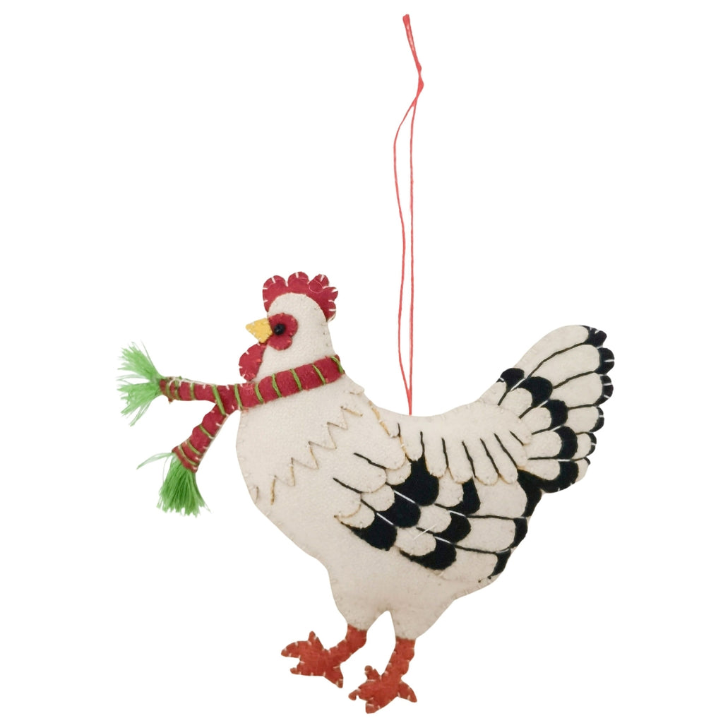 Hanging Decorative rooster ornament with a red scarf on a white background