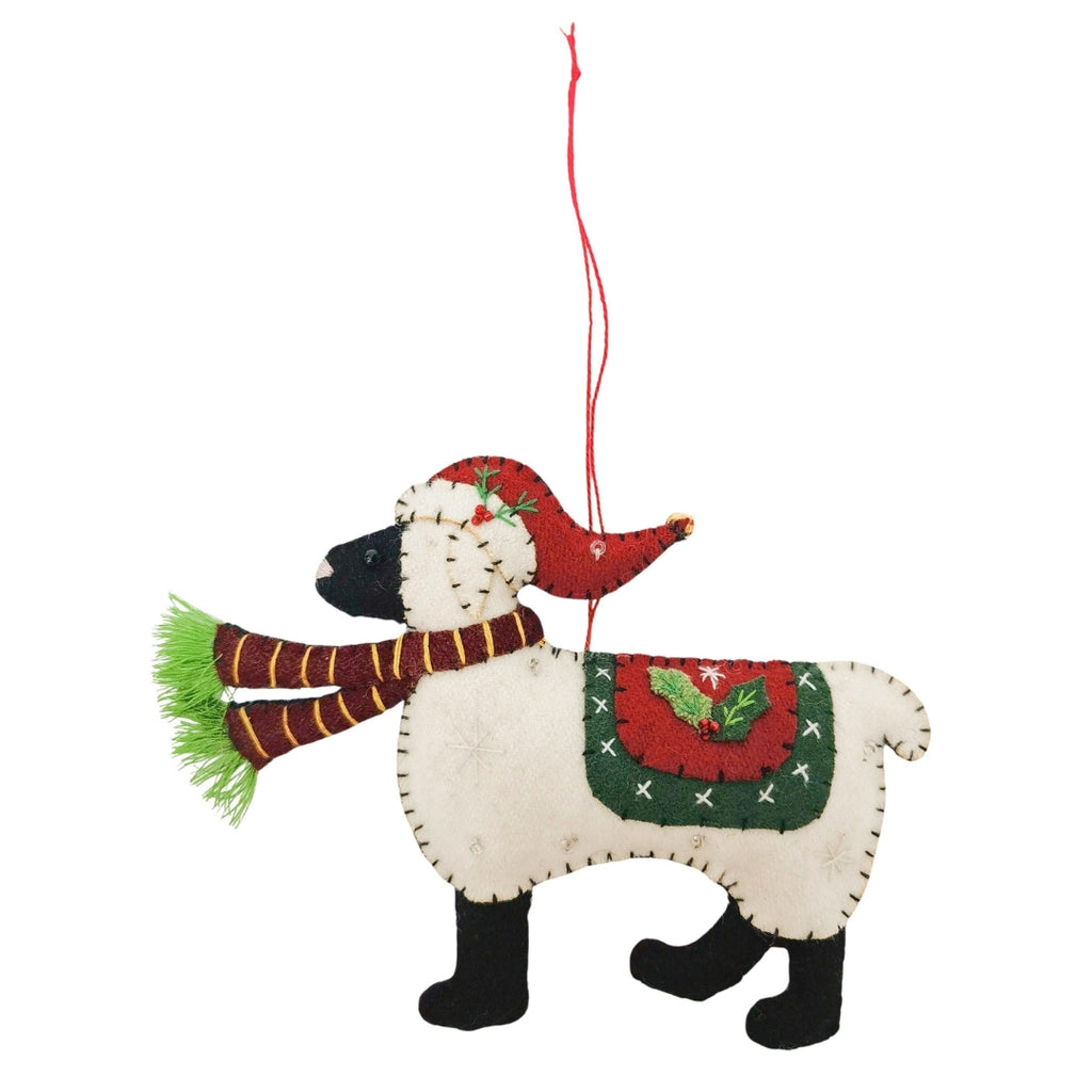 Hanging Felt Sheep ornament with a red hat and scarf on a white background