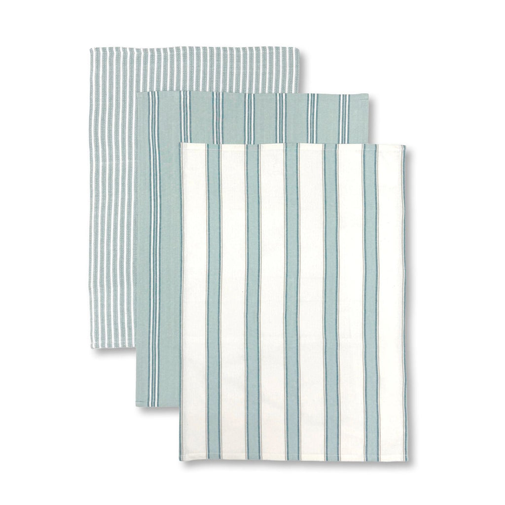 3 tea towels with different blue stripe patterns showing what is available in the set of 