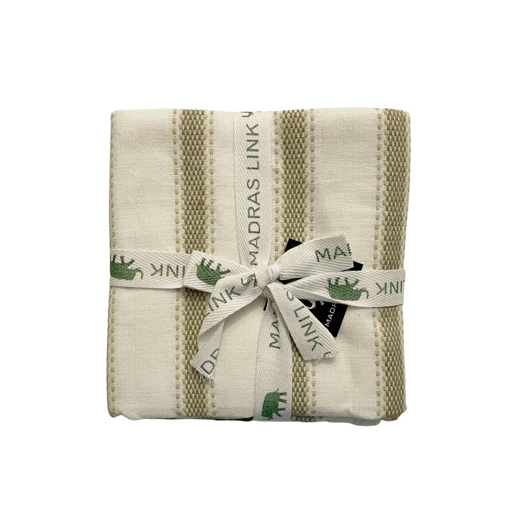 Folded stripe tea towels in a 3pk with a ribbon on a white background