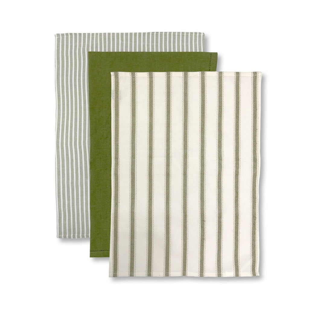 Three striped towels in green, white, and a mix of both on a white background
