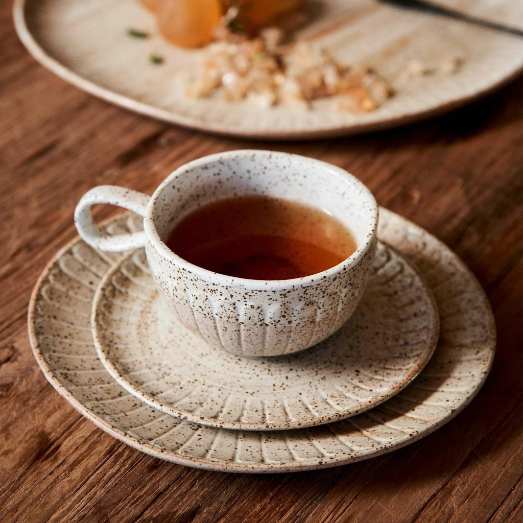 Twig and Feather - Celyon cup and saucer set with brown speckled glaze on white and taupe ceramic, and slight pattern indentation - by Robert Gordon