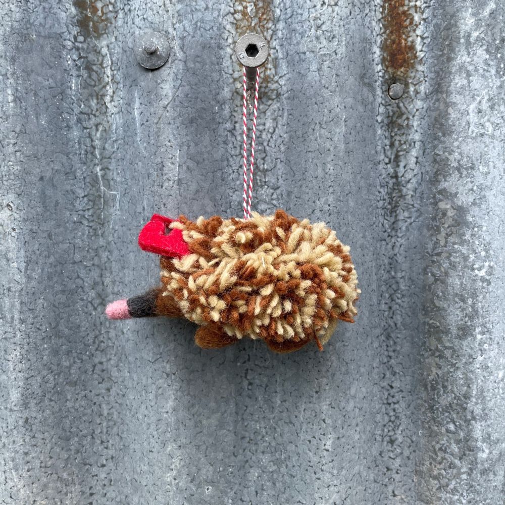 Felt Australian echidna ornament with red helmet hanging on a metal surface