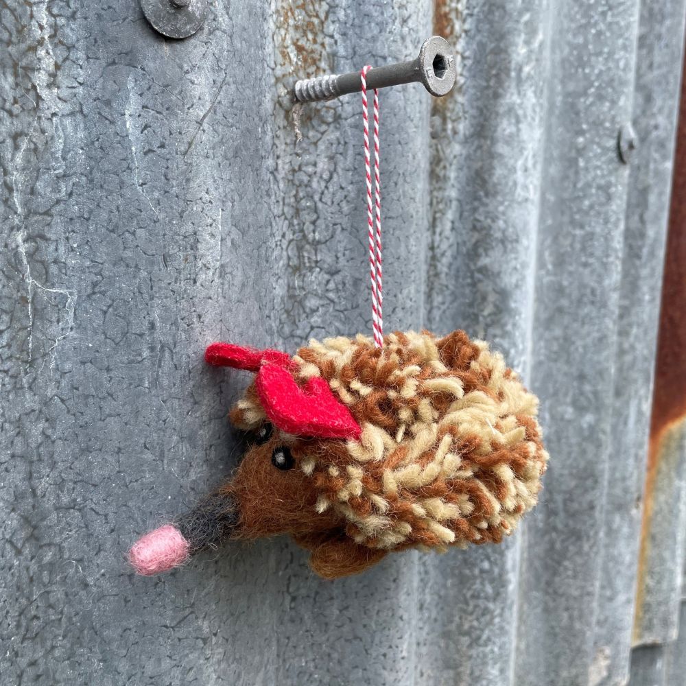 Felt Australian echidna ornament with red helmet hanging on a metal surface