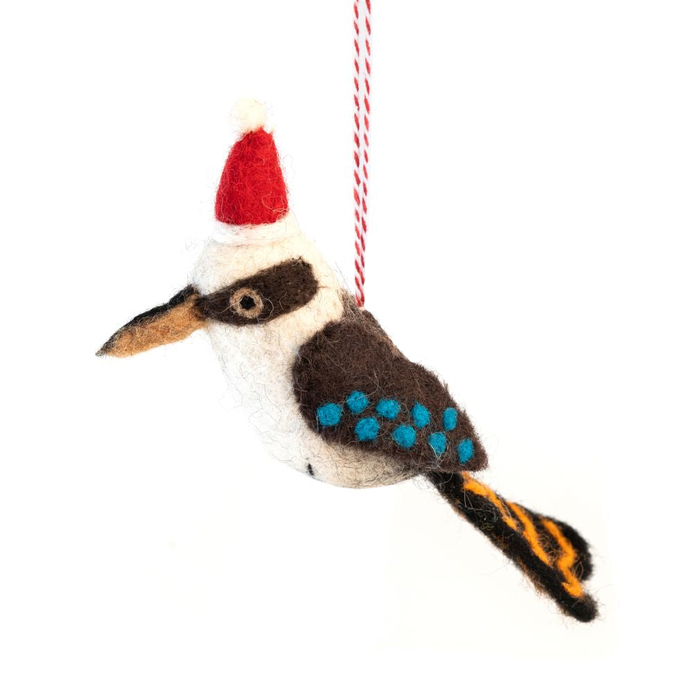 Felted kookaburra ornament wearing a Santa hat on a white background