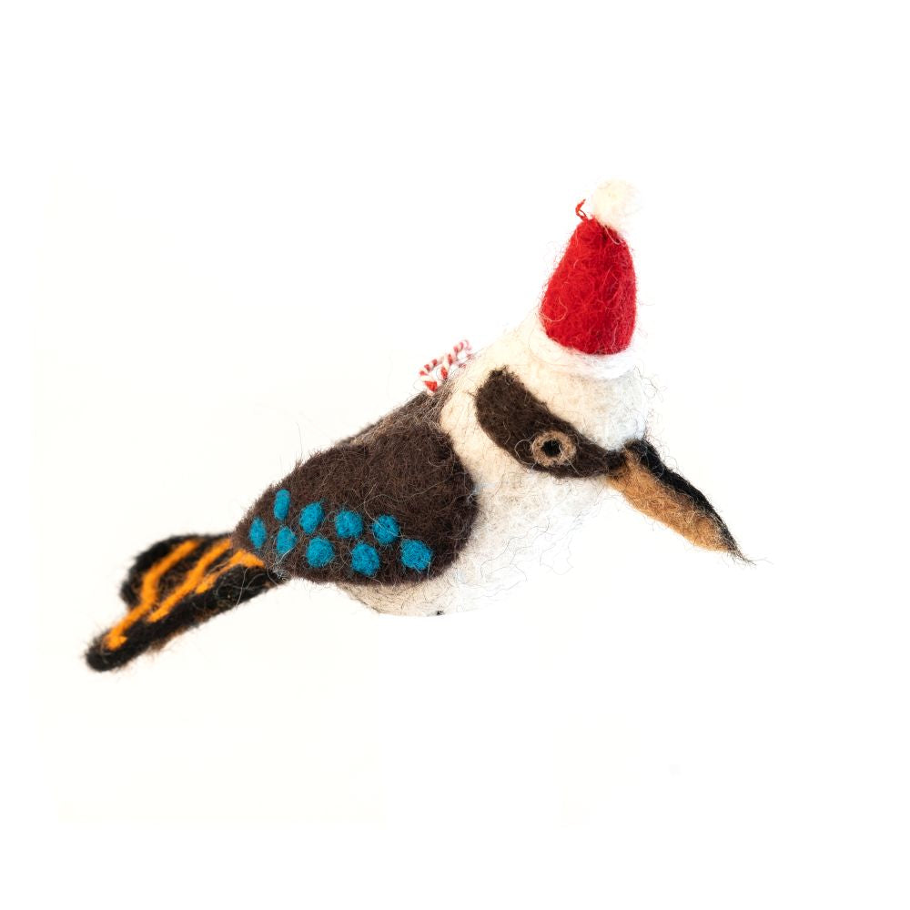 Felted kookaburra bird with a Santa hat on a white background