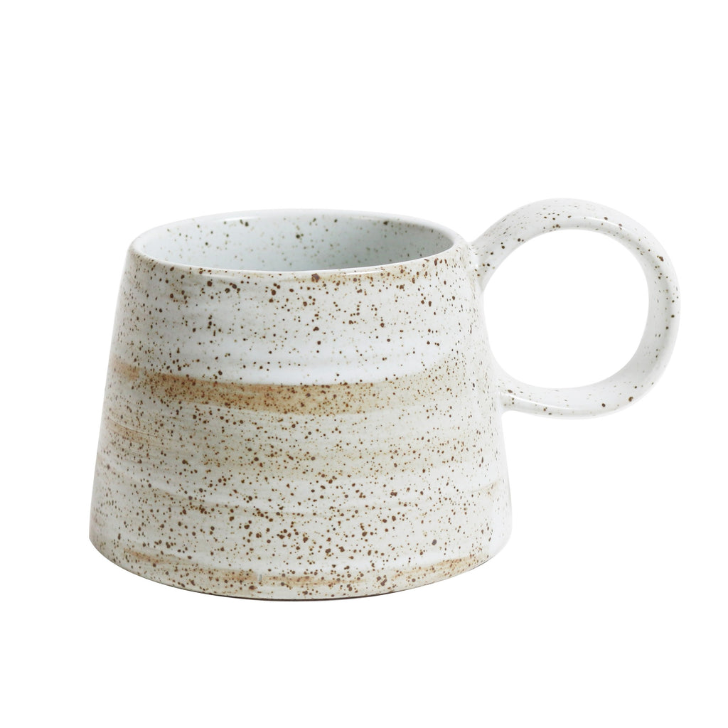 Twig and Feather - Ceylon wide handle mug with flat base and a brown speckle finish on white stoneware - by Robert Gordon