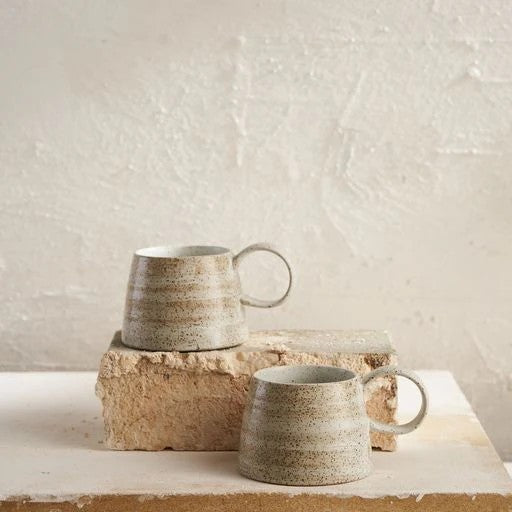 Twig and Feather - Ceylon wide handle mug with flat base and a brown speckle finish on white stoneware - by Robert Gordon