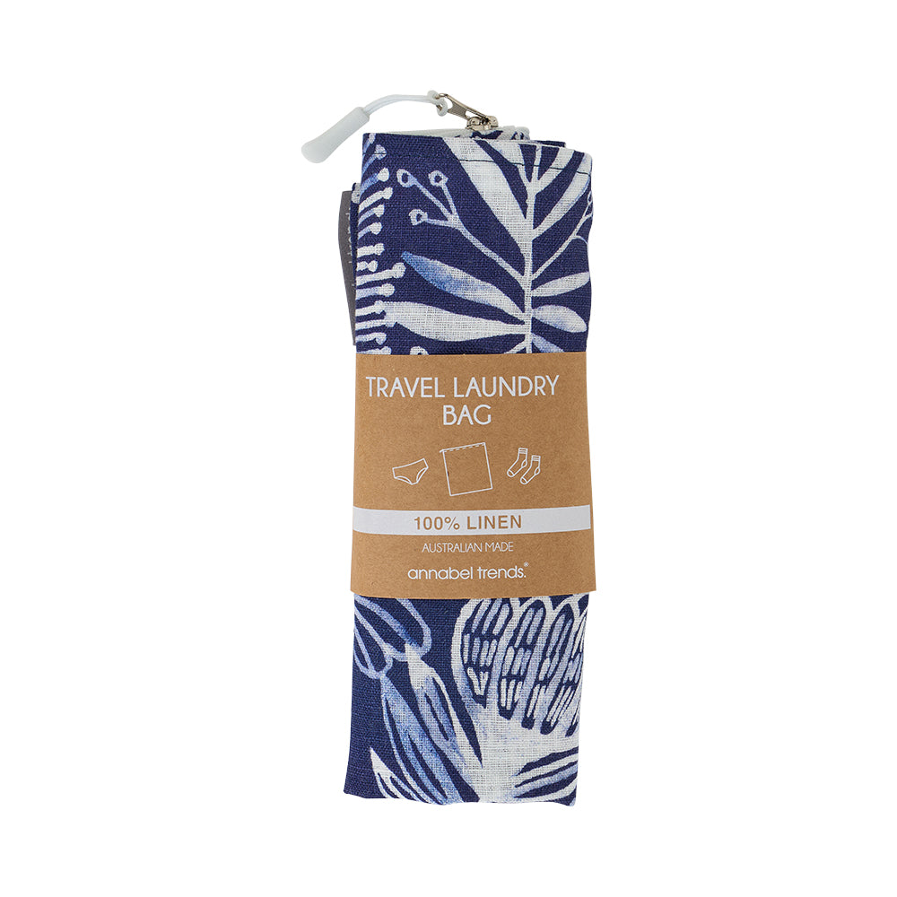 Twig and Feather - Navy Natives Linen laundry bag by Annabel Trends