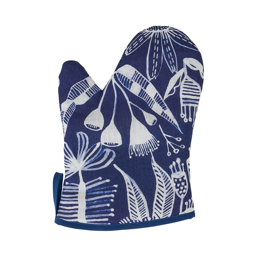 Twig and Feather: Navy Natives Linen oven glove by Annabel Trends