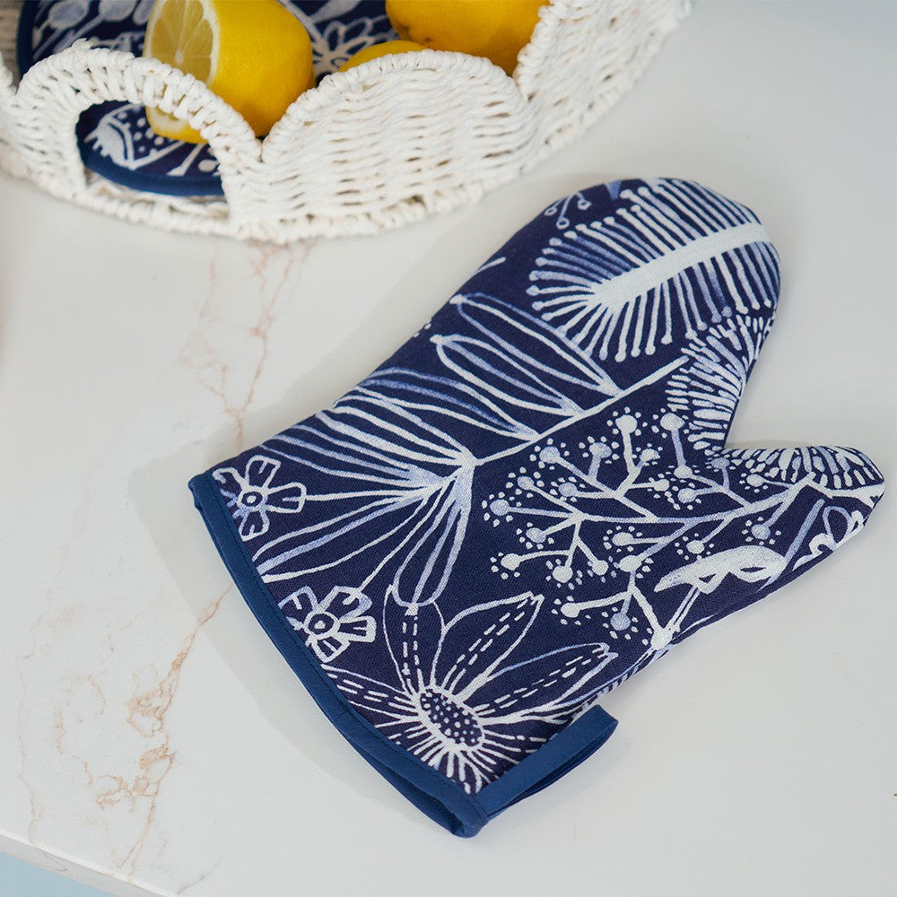 Twig and Feather: Navy Natives Linen oven glove by Annabel Trends