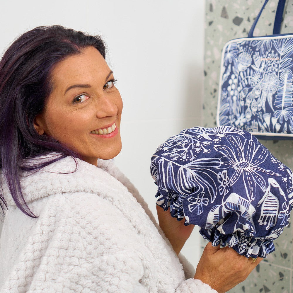 Twig and Feather: Navy Natives Vanity Toiletries bag and shower cap by Annabel Trends