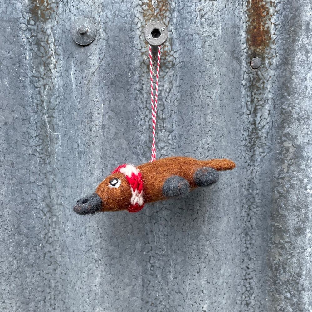Felted Australian platypus ornament hanging from a nail on a textured metal surface 