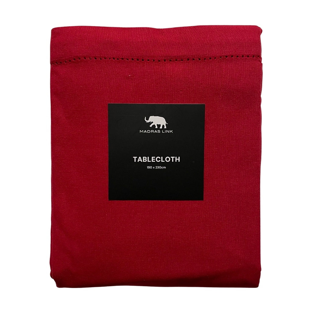 Folded berry red tablecloth with a Madras Link label on a white background - 150x230cm size