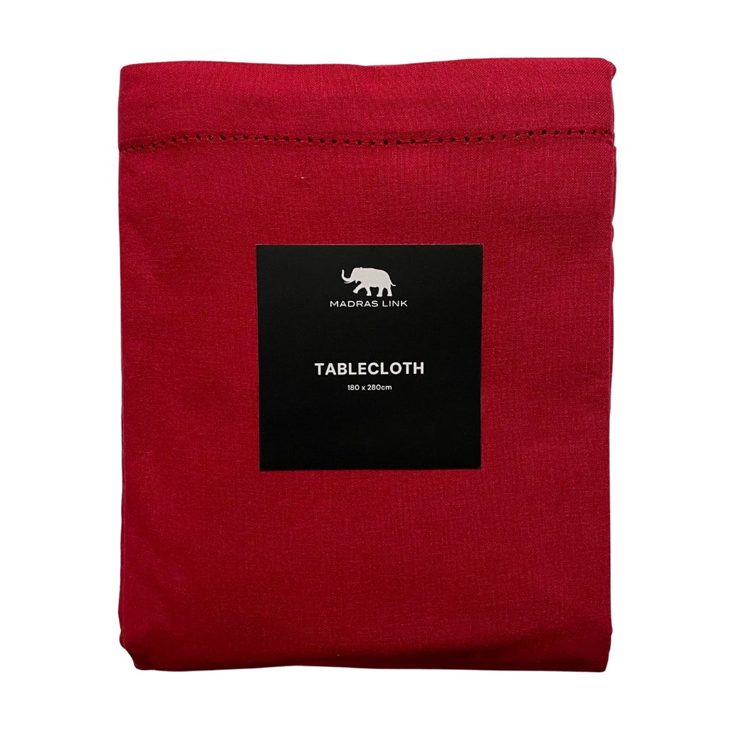 Berry Red tablecloth with a Madras Linen label on a white background - size 180x280cm