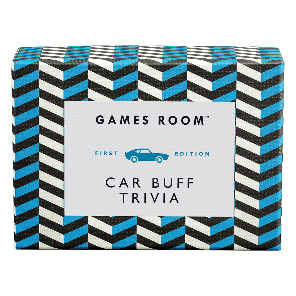 Box of 'Car Buff Trivia' game from Games Room with blue and black striped design - available from Twig and Feather