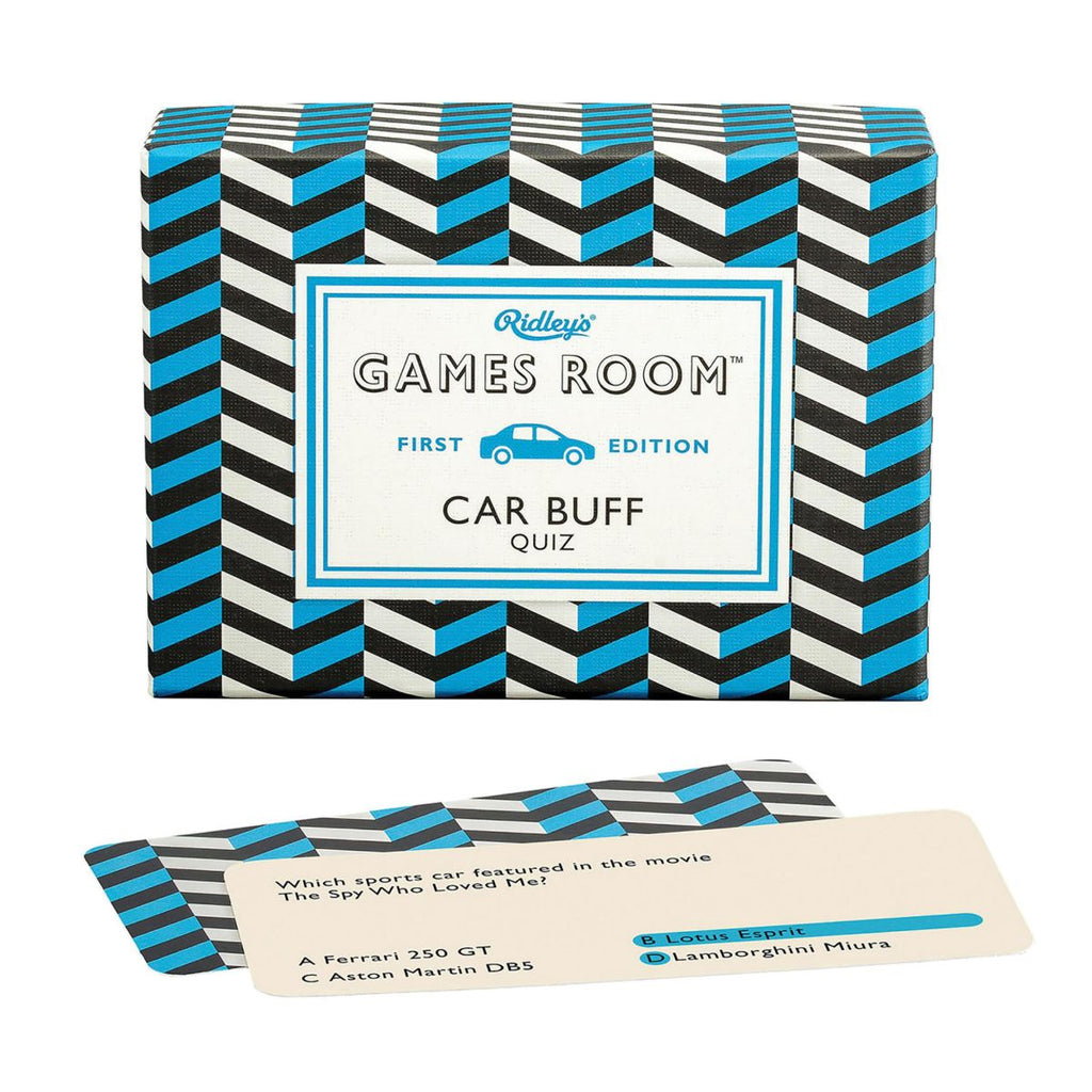 Packaging of Ridley's Games Room Car Buff Quiz with chevron pattern - available from Twig and Feather