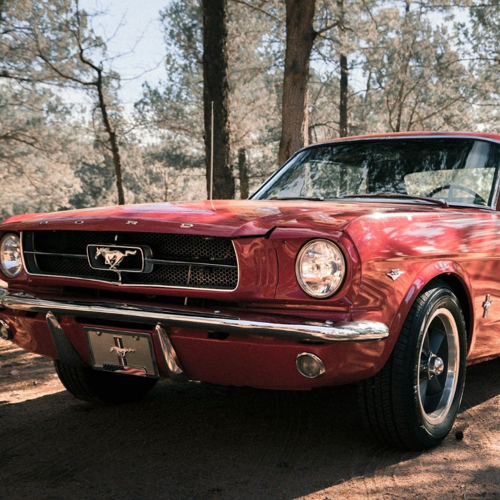 Red classic Mustang car parked in a forested area