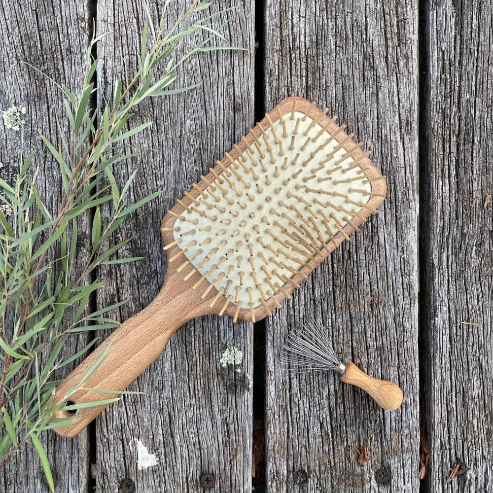 Twig and Feather paddle hair brush maplewood and wire brush and comb cleaner