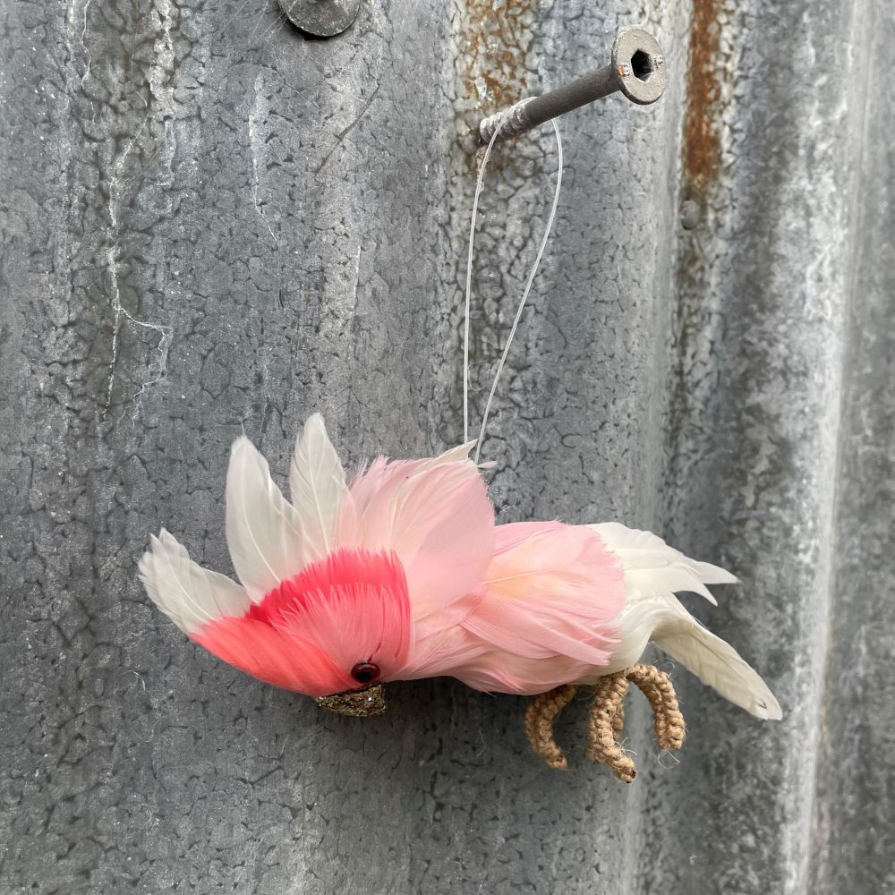 Decorative Australian Major Mitchell cockatoo decoration with glitter beak and pink and white feathers hanging on a textured metal wall - side angle
