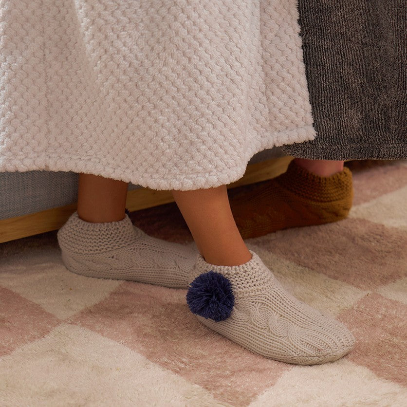 Twig and Feather Slouchy slippers in Grey with Navy Blue pom pom by Annabel Trends