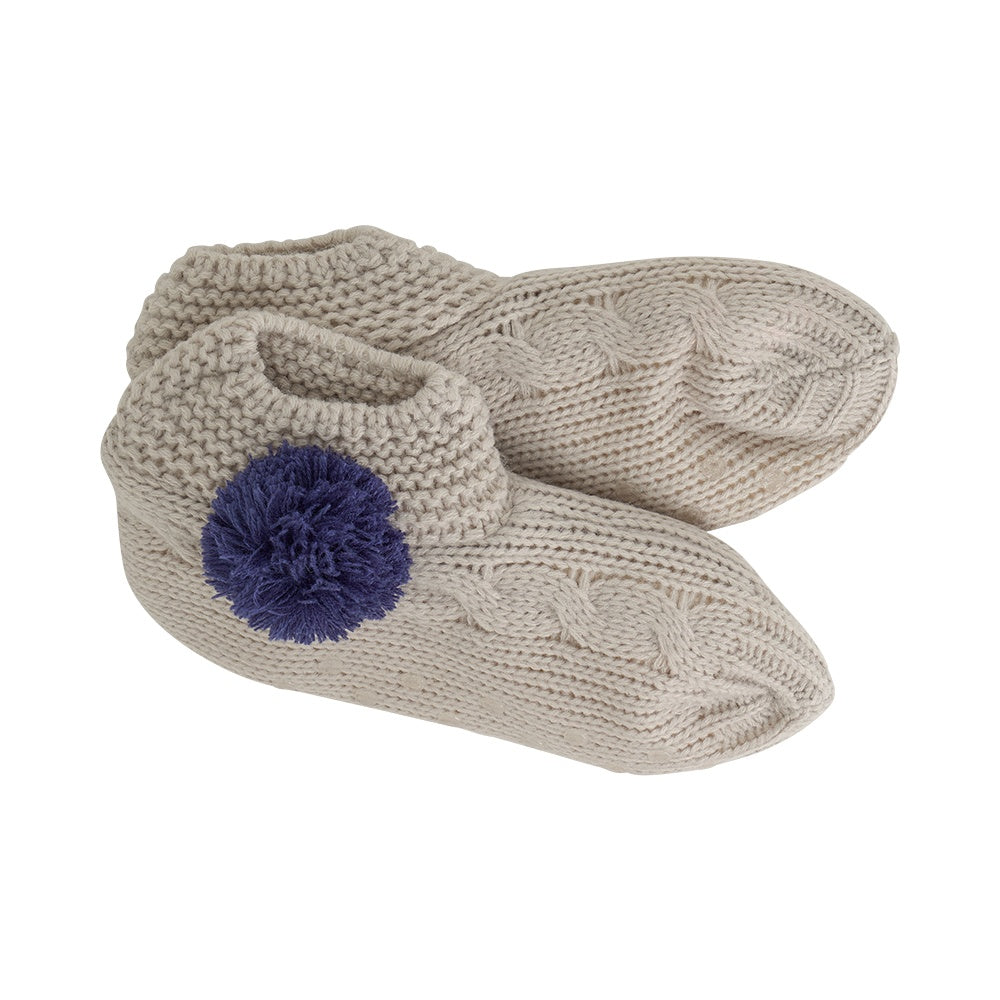 Twig and Feather Slouchy slippers in Grey with Navy Blue pom pom by Annabel Trends