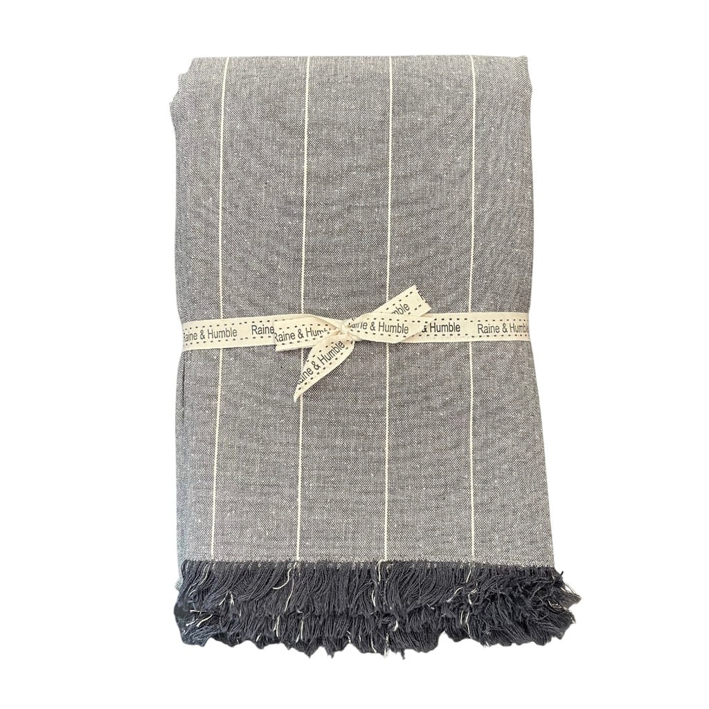 Twig and Feather table cloth wide wild stripe slate grey blue 140cm x 240cm by Raine and Humble