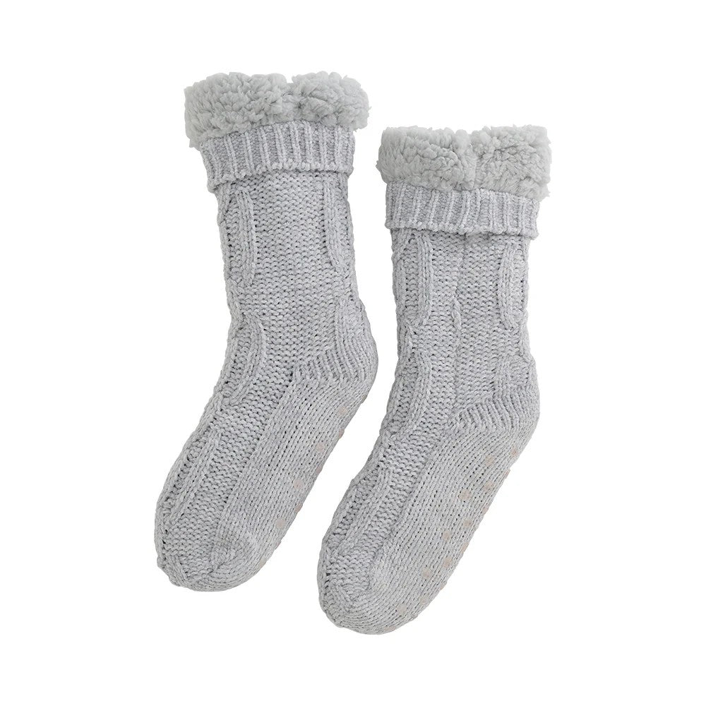 Twig and Feather Room Socks – Chenille with Sherpa Lining – Light Grey - super warm and toasty for snuggling on lounge
