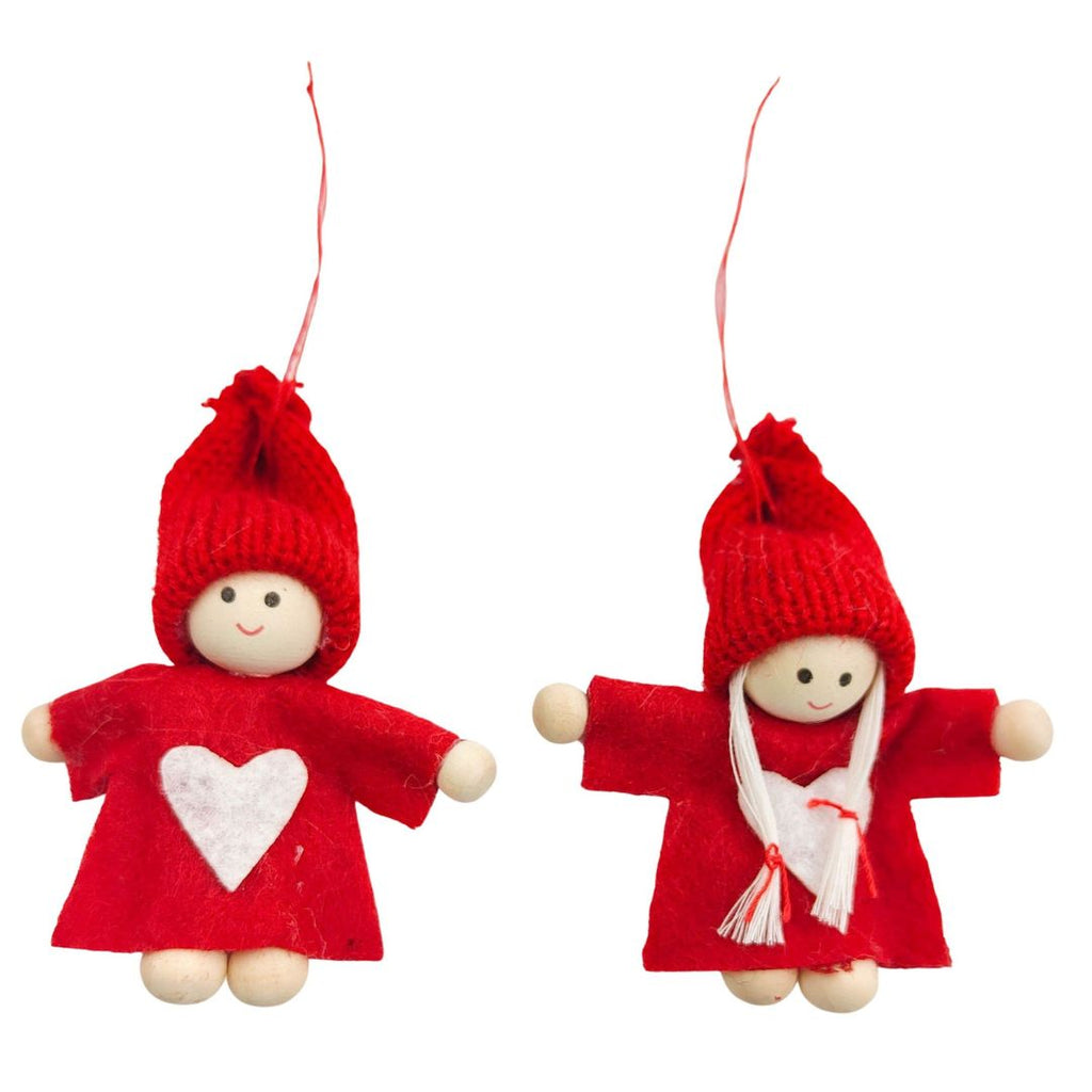 Twig and Feather Tomte Boy and Girl hanging decoration with heart by Coast to Coast