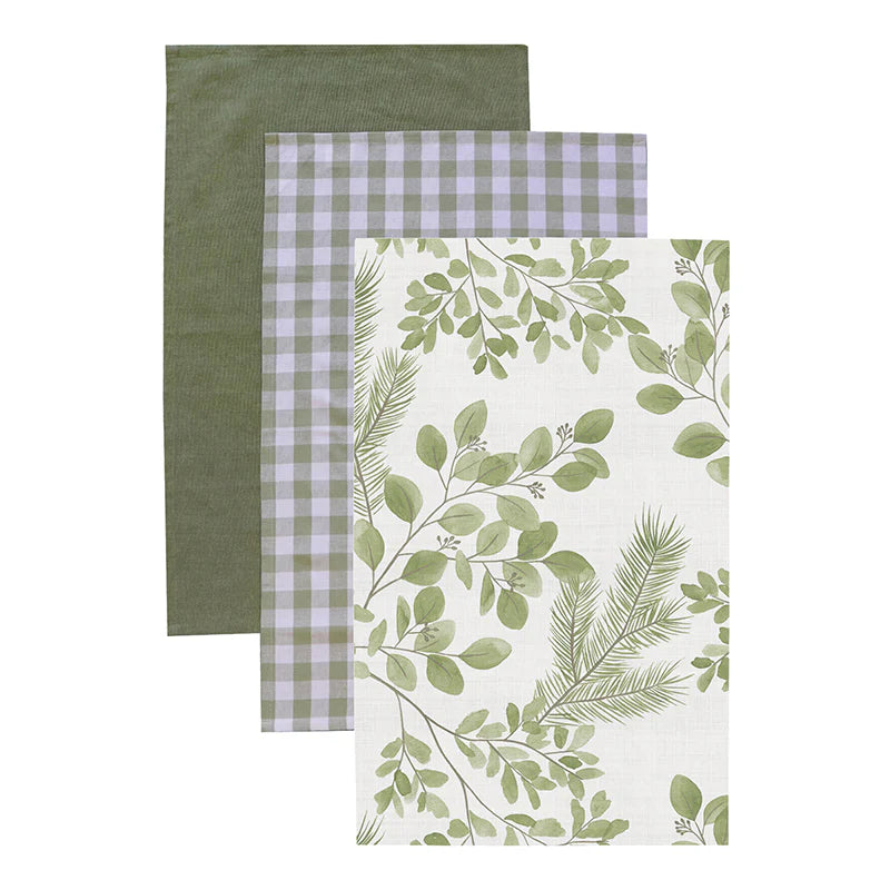 Three green-themed kitchen towels with different patterns on a white background