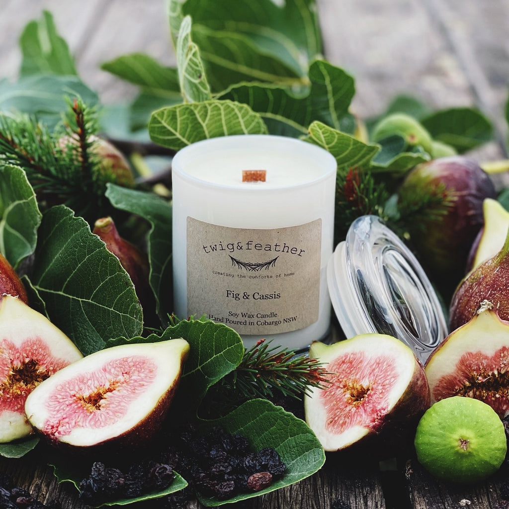 Twig and Feather soy wax candle 30 hours scented with Fig and Cassis