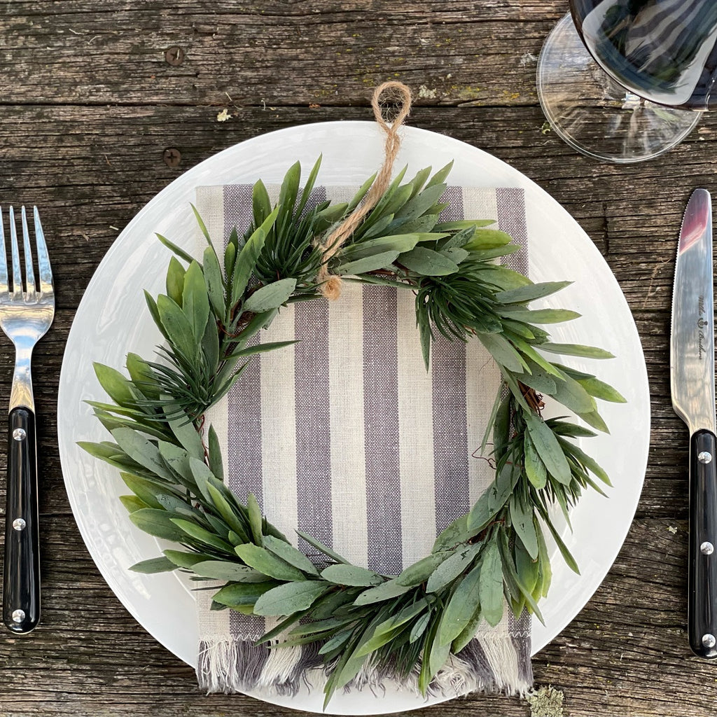 Twig and Feather Grey stripe Christmas napkins styled