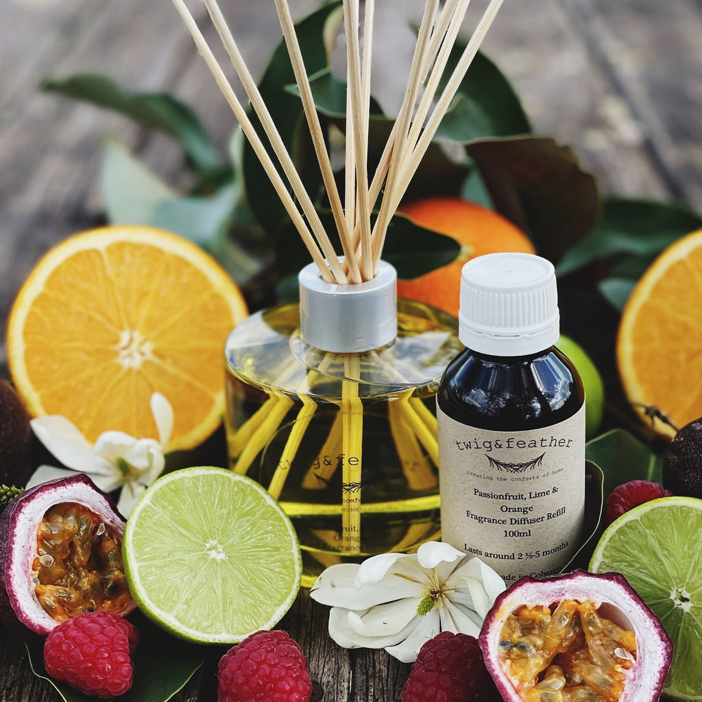 Twig and Feather Fragrance Diffuser Refill 100ml Passionfruit, Lime and Orange
