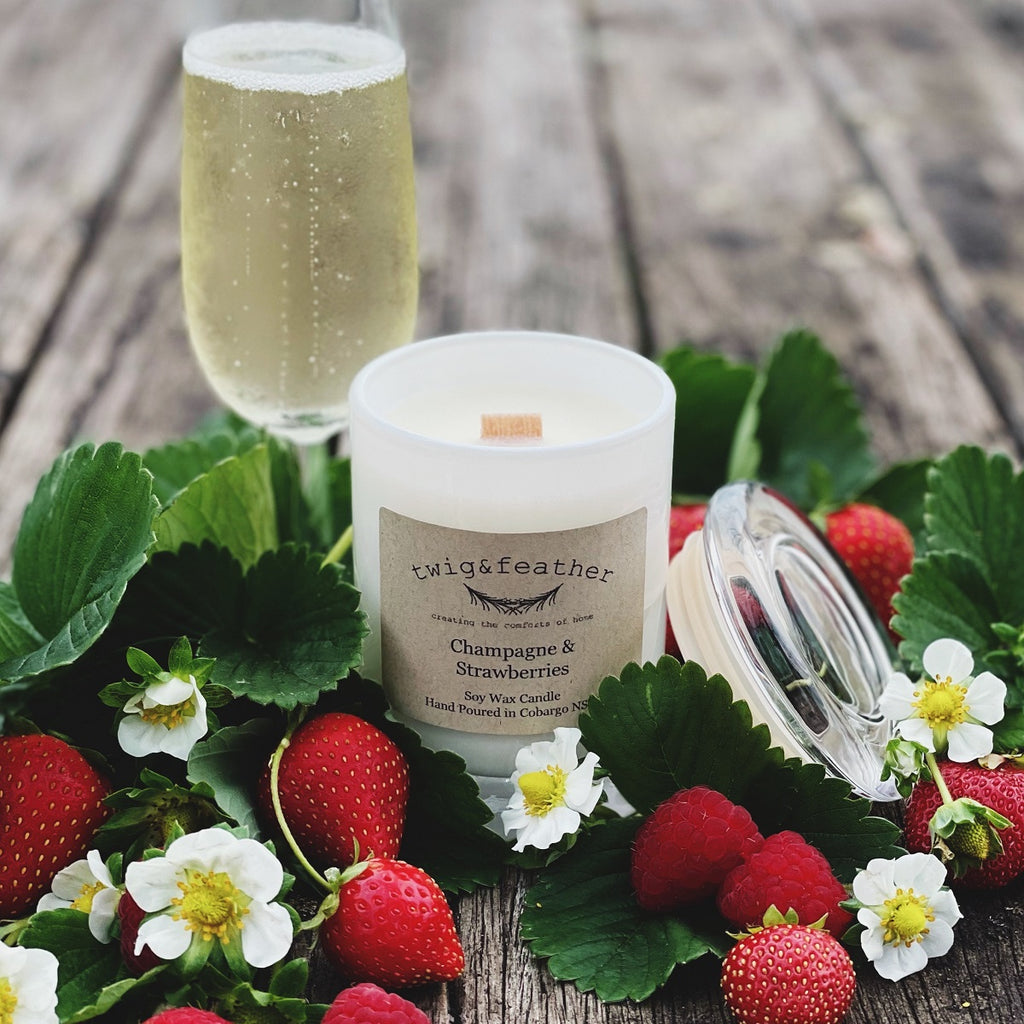 Twig and Feather Soy wax candle 30 hours scented with  Champagne and Strawberries