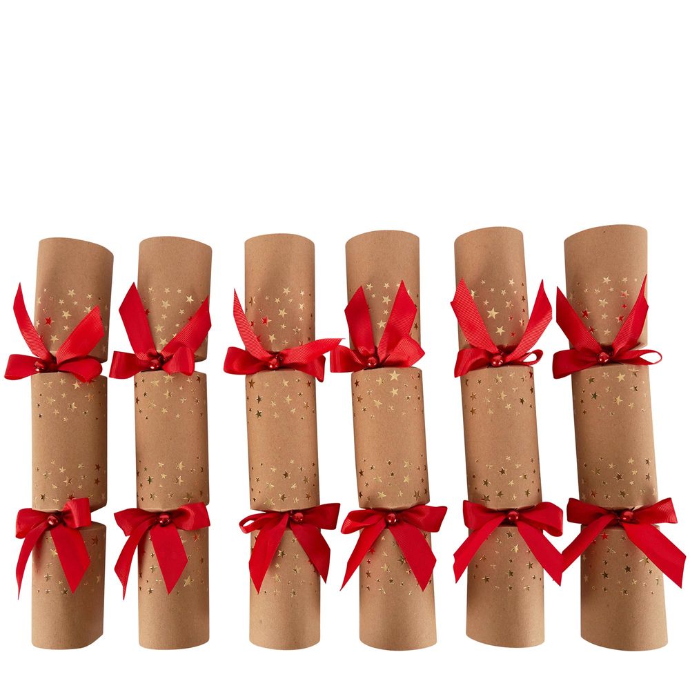 Christmas Crackers – Kraft Gold Stars & Red Ribbon – 6pk