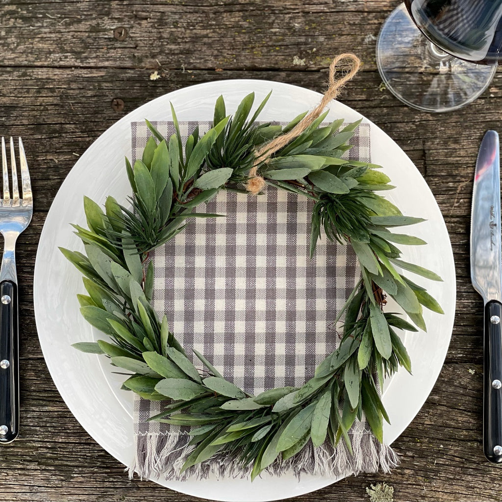 Twig and Feather Grey gingham Christmas napkin styled